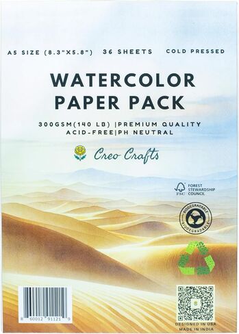 Creo Crafts Professional Watercolor Paper | A4 300 GSM Cold Pressed Paper |Acid-Free 50 Sheet | Ideal for Artist, Professional Drawing, Painting Dry & Wet, Fine Art, School, Students, Kids in Kuwait