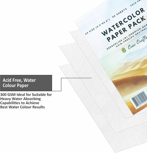 Creo Crafts Professional Watercolor Paper | A4 300 GSM Cold Pressed Paper |Acid-Free 50 Sheet | Ideal for Artist, Professional Drawing, Painting Dry & Wet, Fine Art, School, Students, Kids in Kuwait
