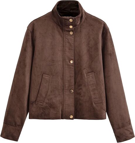 Xunger Women's Faux Suede Jacket Jacket High Neck Utility Button Front Streetwear Outerwear مع جيوب in Kuwait