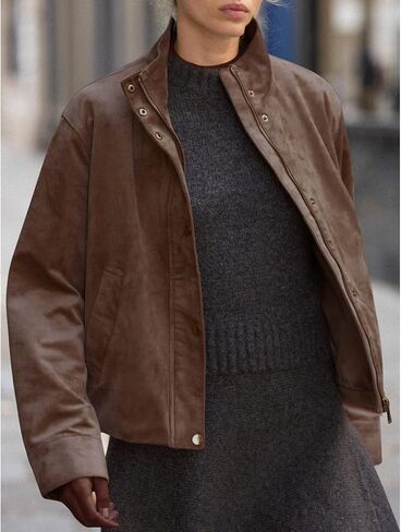 Xunger Women's Faux Suede Jacket Jacket High Neck Utility Button Front Streetwear Outerwear مع جيوب in Kuwait