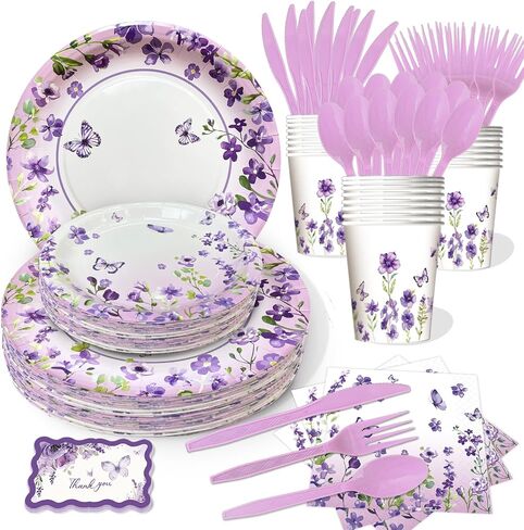 192pcs Wildflower Party Decorations Set, Purple Floral Paper Plates and Napkins Party Supplies with Wildflower Decor for Wildflower Baby Shower Decorations, Flower Birthday Decorations Serve 24 in Saudi Arabia