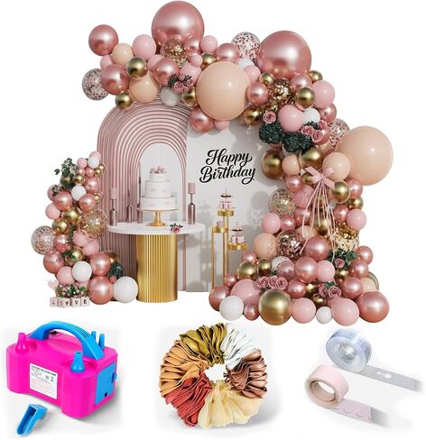 Rose Gold Balloon Arch Kit, 142Pcs Nude Pastel Pink Gold and Rose Gold Matte White Balloons Confetti Balloon Garland Kit for Wedding Bridal Shower Princess Party Girl Birthday Baby Shower Decorations in Kuwait