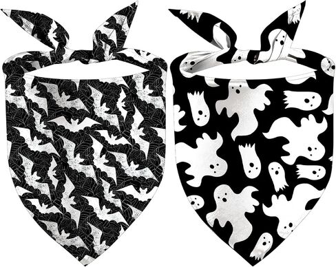 Halloween Dog Bandanas 2 Pack, Ghost Vampire Tooth Black and White Print, Reversible Triangle Pet Scarf, Premium Durable Fabric, Adjustable Fit in Saudi Arabia