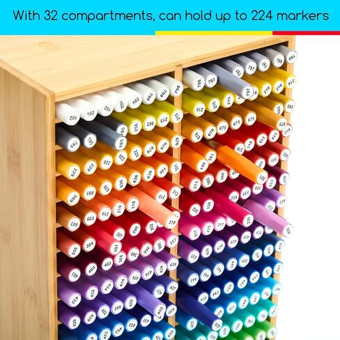 Meeden Bamboo Marker Holder Organizer: يحمل 126 أقلامًا مع 18 مقصورًا- تخزين وحامل إمدادات الفن لعلامات الكحول ， الأقلام ， أقلام الرصاص in Kuwait