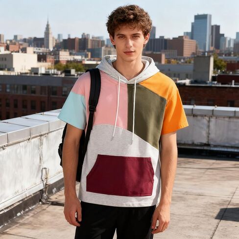 Mens Short Sleeve Hoodie Soft Cotton Color Block T-Shirt Sweatshirt Big Pocket Half Sleeve Summer Pullover in Saudi Arabia