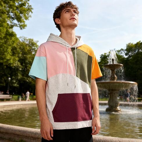 Mens Short Sleeve Hoodie Soft Cotton Color Block T-Shirt Sweatshirt Big Pocket Half Sleeve Summer Pullover in Saudi Arabia