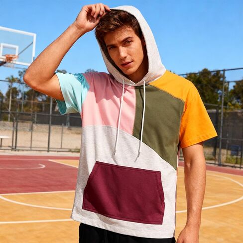 Mens Short Sleeve Hoodie Soft Cotton Color Block T-Shirt Sweatshirt Big Pocket Half Sleeve Summer Pullover in Saudi Arabia
