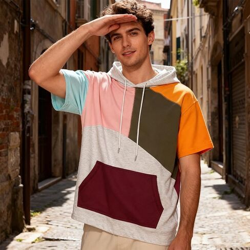 Mens Short Sleeve Hoodie Soft Cotton Color Block T-Shirt Sweatshirt Big Pocket Half Sleeve Summer Pullover in Saudi Arabia