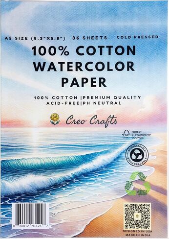 Creo Crafts 100% Cotton Watercolor Paper Pad 9x12" – 36 Sheets, A4, Cold Pressed, Acid-Free, pH Neutral, Premium Artist-Grade Paper for Painting, Drawing & Mixed Media in Kuwait