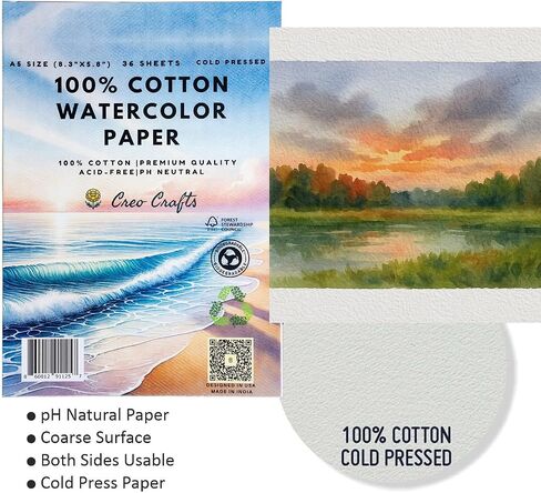 Creo Crafts 100% Cotton Watercolor Paper Pad 9x12" – 36 Sheets, A4, Cold Pressed, Acid-Free, pH Neutral, Premium Artist-Grade Paper for Painting, Drawing & Mixed Media in Kuwait