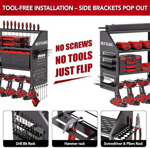 Power Tool Organizer Wall Mount with Charging Station – King of the Garage, 4 Drill Holders, Heavy Duty Cordless Tool Rack with 4-Outlet Power Strip, Gifts for Him, Birthday Gifts for Men in Saudi Arabia