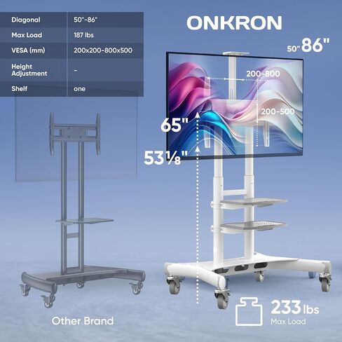 ONKRON Motorized TV Stand with Wheels for 50-86 Inch TVs up to 200 lbs, TV Portable Stand Adjustable Height with Remote Control, Motorized Lift max VESA 800x500 Mobile TV Cart Rolling TV Stand Black in Saudi Arabia