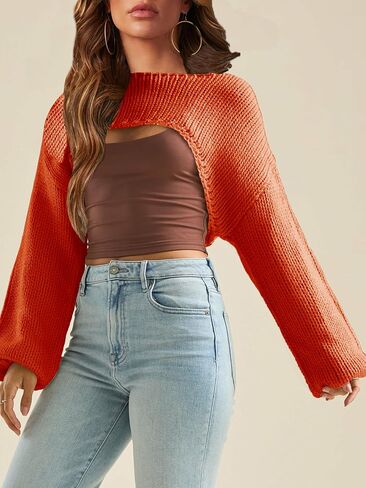 RPYHF Women's Bolero Knit Shrug Cropped Sweaters Casual Long Sleeve Crop Tops Loose Pullovers in Saudi Arabia