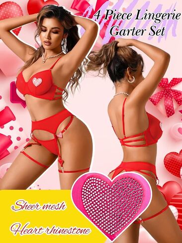 Kaei & Shi Rhinestone Heart Lingerie ، مجموعة حزام الرباط 4 قطع ، ملابس عيد الحب مثير للنساء Glow Party Rave in Kuwait