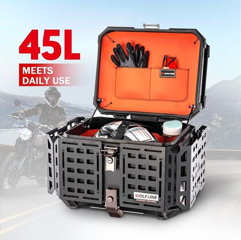 Motorcycle Top Case Universal Aluminum Motorbike Tail Box with Leather Lining 45L Waterproof Detachable Trunk Tour Pack w/Lock, Black w/Orange in Saudi Arabia