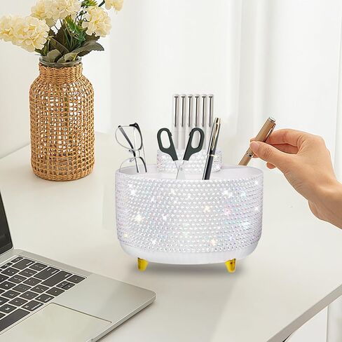 Bling Pink Rhinestone Desk Organizer with 5 Slots 360 Degree Rotating, Bling Pen Holder Makeup Brush Holder for Women, Pink Rhinestone Office Accessories in Saudi Arabia