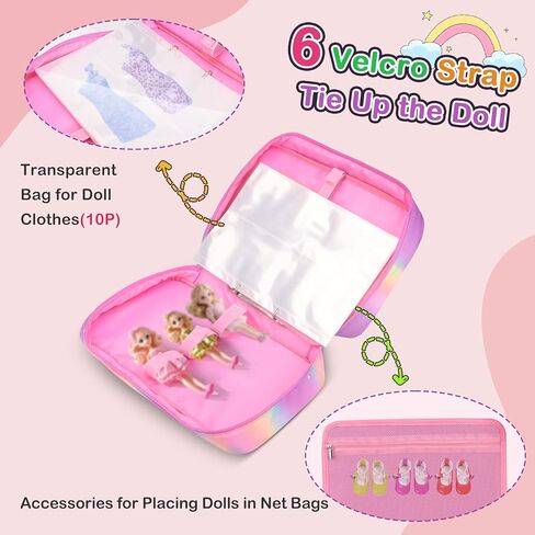 تخزين منظم الملحقات للدمى الحاملة ، وحالة للحفاظ على الدمى والملابس ، والكثير من الجيب لملابس الدمية ، والملحقات ، و 6 دمى وملحقات ، وأشرطة آمنة حماية الدمى - الوردي in Kuwait