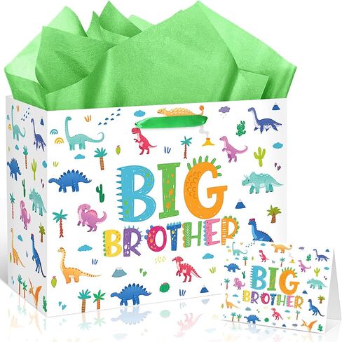 Big Brother Gift Bag for Boys, Cute Big Bro Gift Bag with Tissue Paper and Greeting Card Blue Wrapping Paper Cartoon Dinosaur New Brother Party Decoration for Little Boy Birthday Party Supplies in Saudi Arabia