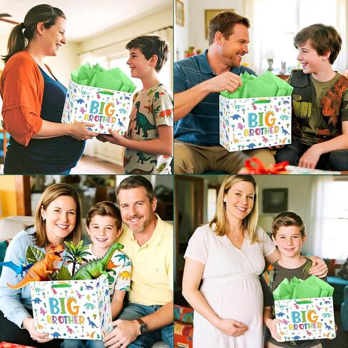 Big Brother Gift Bag for Boys, Cute Big Bro Gift Bag with Tissue Paper and Greeting Card Blue Wrapping Paper Cartoon Dinosaur New Brother Party Decoration for Little Boy Birthday Party Supplies in Saudi Arabia