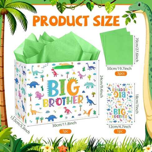 Big Brother Gift Bag for Boys, Cute Big Bro Gift Bag with Tissue Paper and Greeting Card Blue Wrapping Paper Cartoon Dinosaur New Brother Party Decoration for Little Boy Birthday Party Supplies in Saudi Arabia
