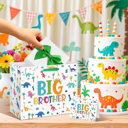 Big Brother Gift Bag for Boys, Cute Big Bro Gift Bag with Tissue Paper and Greeting Card Blue Wrapping Paper Cartoon Dinosaur New Brother Party Decoration for Little Boy Birthday Party Supplies in Saudi Arabia