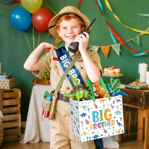 Big Brother Gift Bag for Boys, Cute Big Bro Gift Bag with Tissue Paper and Greeting Card Blue Wrapping Paper Cartoon Dinosaur New Brother Party Decoration for Little Boy Birthday Party Supplies in Saudi Arabia