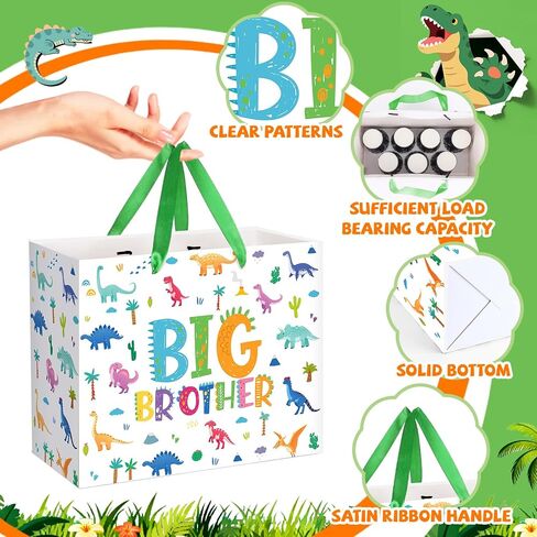 Big Brother Gift Bag for Boys, Cute Big Bro Gift Bag with Tissue Paper and Greeting Card Blue Wrapping Paper Cartoon Dinosaur New Brother Party Decoration for Little Boy Birthday Party Supplies in Saudi Arabia