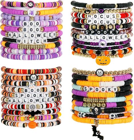 40 Pcs Halloween Bracelets Bulk Set, Stretch Charm Beads Bracelet with Boo Skull Pumpkin Spider Ghost, Colorful Stackable Friendship Bracelets for Women, Halloween Party Jewelry Gift Supplies in Saudi Arabia