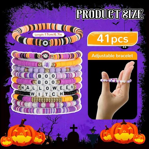 40 Pcs Halloween Bracelets Bulk Set, Stretch Charm Beads Bracelet with Boo Skull Pumpkin Spider Ghost, Colorful Stackable Friendship Bracelets for Women, Halloween Party Jewelry Gift Supplies in Saudi Arabia