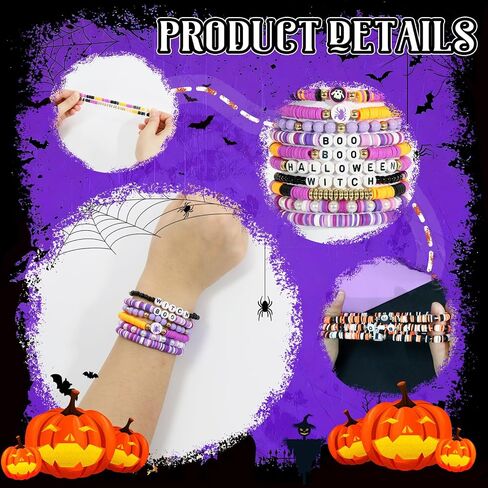 40 Pcs Halloween Bracelets Bulk Set, Stretch Charm Beads Bracelet with Boo Skull Pumpkin Spider Ghost, Colorful Stackable Friendship Bracelets for Women, Halloween Party Jewelry Gift Supplies in Saudi Arabia