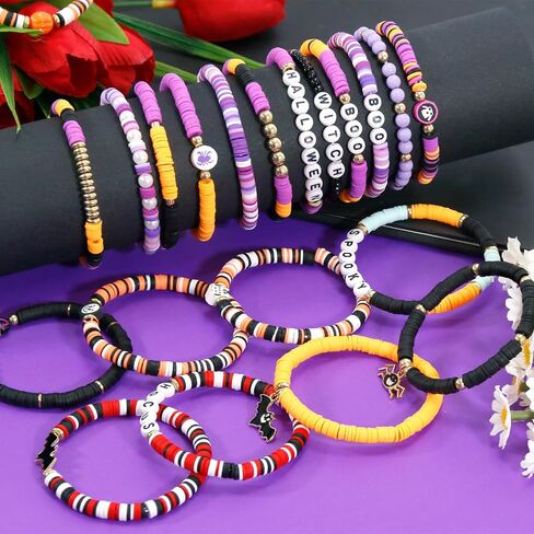 40 Pcs Halloween Bracelets Bulk Set, Stretch Charm Beads Bracelet with Boo Skull Pumpkin Spider Ghost, Colorful Stackable Friendship Bracelets for Women, Halloween Party Jewelry Gift Supplies in Saudi Arabia