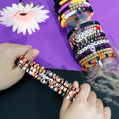 40 Pcs Halloween Bracelets Bulk Set, Stretch Charm Beads Bracelet with Boo Skull Pumpkin Spider Ghost, Colorful Stackable Friendship Bracelets for Women, Halloween Party Jewelry Gift Supplies in Saudi Arabia