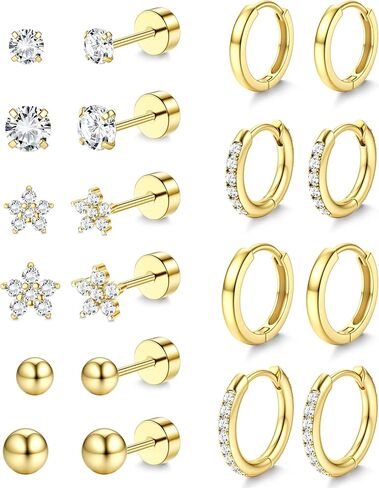 YADOCA Hypoallergenic Surgical Steel Earrings 14K Gold Flat Back Earrings for Women Trendy 316L Stainless Steel Flatback Stud Earring Sets for Multiple Piercing Small Cartilage Hoop Earring Stacks in Saudi Arabia
