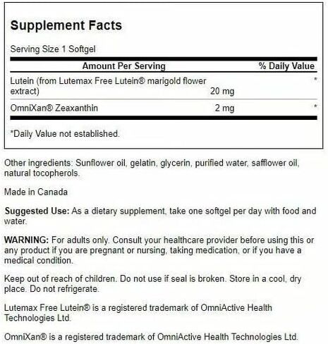 سوانسون لوتن و Zeaxanthin التآزري بصحة العيون رؤية شبكية شبكية العين (اللوتين 20 ملغ و Omnixan zeaxanthin 2 ملغ) 60 Softgels SGELS (2 عبوة) in Saudi Arabia