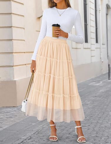 ZESICA Women's Tulle Maxi Skirt A-Line Flowy Ruffle Tiered Elastic High Waist 2025 Fall Fahion Midi Long Skirts in Saudi Arabia