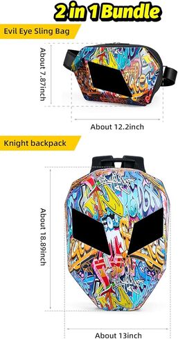 Gelrova [Batteries not included] Graffiti Style 2-in-1 Hardshell LED Backpack Set: Knight Motorcycle Backpack and Devil Eye Crossbody Bag, Graffiti in Kuwait