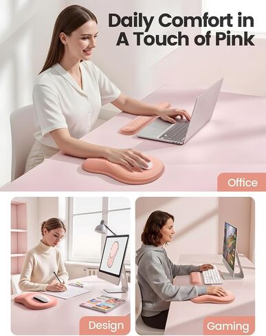 Meatanty Keyboard and Mouse Wrist Rest Set, Ergonomic Wrist Pad Support, Computer Hand Palm Rest Combo, Memory Foam Typing Desk Accessory Carpal Tunnel Cushion, Laptop Office Home School Women-Pink in Kuwait