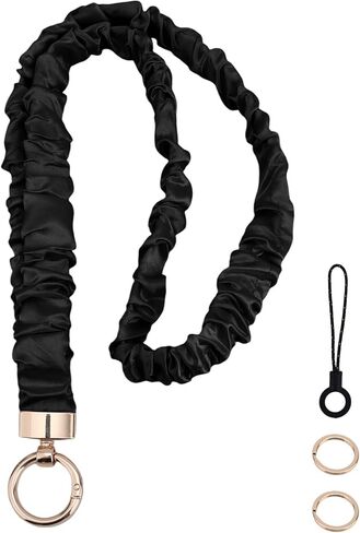 Stretchy Scrunchie Lanyard, Cute Neck Scrunchy Lanyards with 2 Rings and 1 Mobile Phone Strap for ID Badges Keys Bungee Elastic Breakaway Keychain Holder for Women Teacher (Off White) in Kuwait