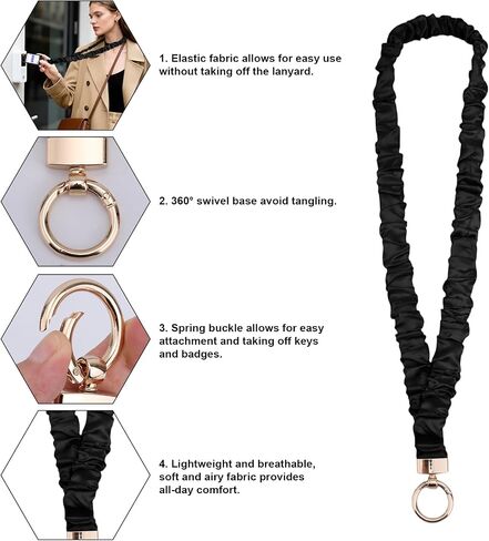 Stretchy Scrunchie Lanyard, Cute Neck Scrunchy Lanyards with 2 Rings and 1 Mobile Phone Strap for ID Badges Keys Bungee Elastic Breakaway Keychain Holder for Women Teacher (Off White) in Kuwait