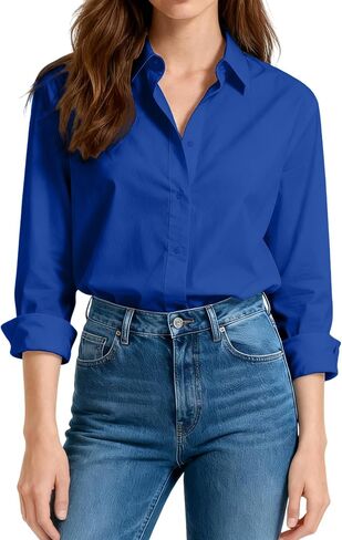 Womens Button Down Shirts Cotton Fitted Dress Shirts Long Sleeve Office Blouses Collared Tops in Saudi Arabia
