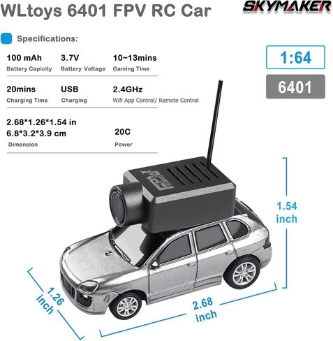 Skymaker 1:64 Scale Mini Drift RC Car ، FPV RC Car مع كاميرا 720p HD ، التحكم في تطبيق WiFi 2.4 جيجا هرتز مع سيارات السباق المصغرة للبالغين (Silver) in Kuwait