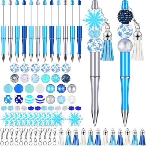 Jutom 12 Pcs Snowflake Christmas Beadable Pens Kits Include 50 Pcs Colorful Beads 12 Tassels 12 Pendants Assorted Focal Bead DIY Making Pens Set for Christmas Gift Bulk in Saudi Arabia