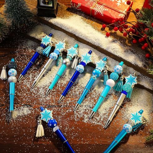 Jutom 12 Pcs Snowflake Christmas Beadable Pens Kits Include 50 Pcs Colorful Beads 12 Tassels 12 Pendants Assorted Focal Bead DIY Making Pens Set for Christmas Gift Bulk in Saudi Arabia