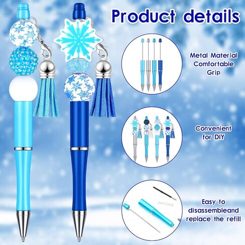 Jutom 12 Pcs Snowflake Christmas Beadable Pens Kits Include 50 Pcs Colorful Beads 12 Tassels 12 Pendants Assorted Focal Bead DIY Making Pens Set for Christmas Gift Bulk in Saudi Arabia