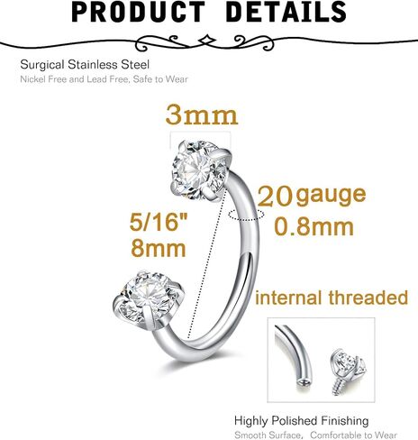 MODRSA Silver Horseshoe Nose Ring 20g Double Gem Horse Shoe Nose Rings for Women Surgical Steel Half Hoop U Shape Tragus Earring Hoops Labret Lip Helix Piercing Jewelry Septum Rings 20 Gauge 1pcs in Saudi Arabia