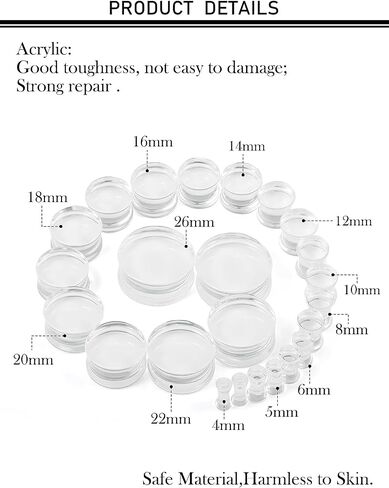 6G-26mm Acrylic Plastic Ear Gauges Tunnels Stretching Kit Double Flared Plugs Tunnels Expanders Stretcher Saddle Gauges Earrings for Men Women Black White Clear in Saudi Arabia