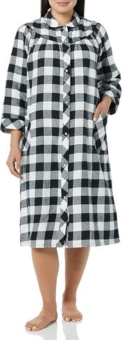 AmeriMark Women's Flannel Calf Length Snap Front Duster House Coat – Plush Bath Robe – Loose Plaid Bathrobe ¾ Sleeves in Saudi Arabia