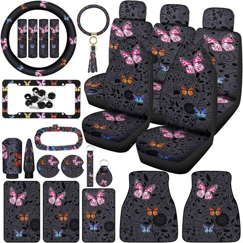 Tallew Butterfly Seat Covers Full Set for Women Butterfly Universal Car Accessories Rubber Steering Wheel Cover License Plate Frame Mirror Covers 26 Pcs Fit SUV Auto(Purple Style) in Saudi Arabia