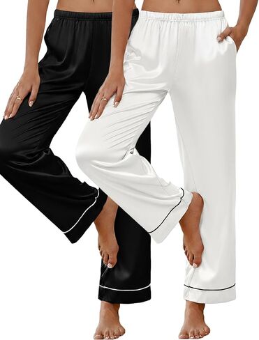 Ekouaer 2 Pack Women Silk Satin Pajamas Pants Wide Leg Comfy Lounge Pants Loose Elastic Waist Pj Bottoms with Pockets in Saudi Arabia