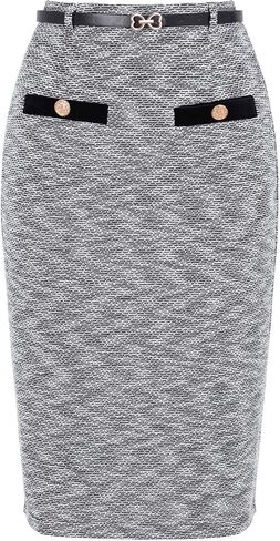 Allegra K Pencil Skirt for Women Midi Length High Waisted Tweed Skirt Button Decor Bodycon Office Work Skirts with Belt in Saudi Arabia